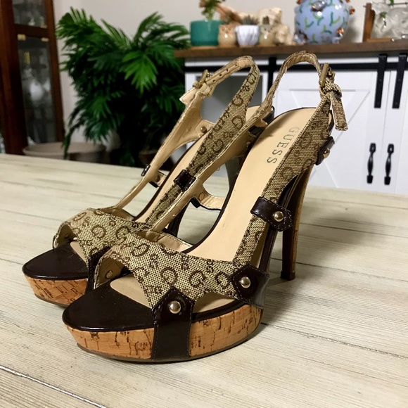 Guess Shoes - Guess Vintage Logo Sling Back Heels Size 8m Cork